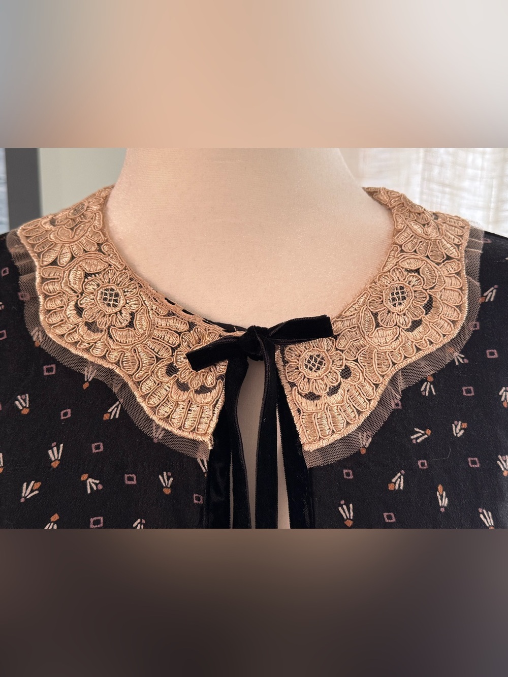 Free People Sweet Delfina Black Mini Dress, Lace Collar & Velvet Trim - Sz M - Picture 5 of 11